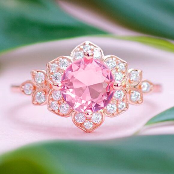 Pink Gemstone Flower ring, 925 Sterling Silver, 18k rose gold Charmed Aroma - Picture 1 of 15